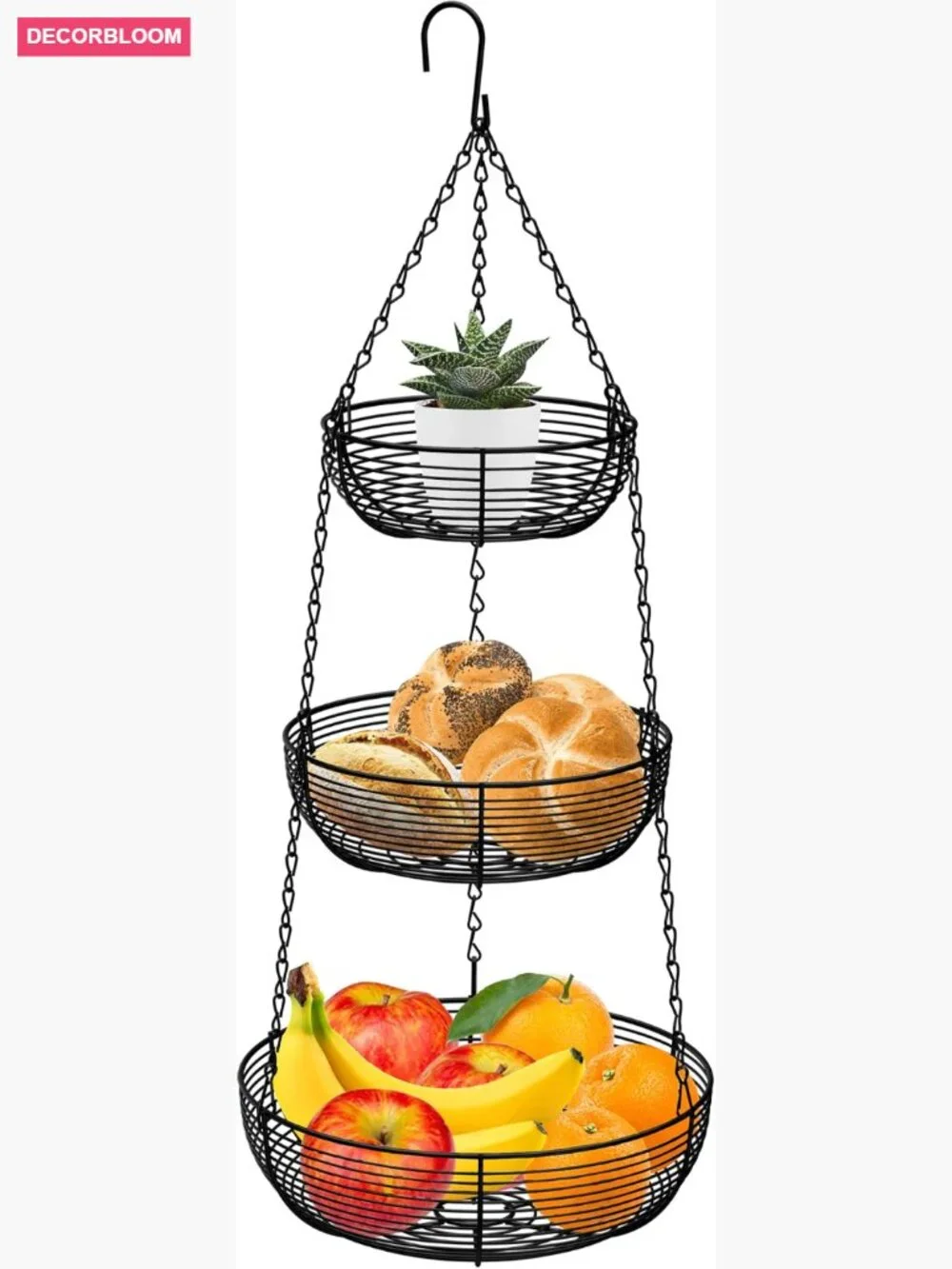 3-Tier Hanging Basket Kitchen Fruit Organizer Heavy Duty Wire, 30in